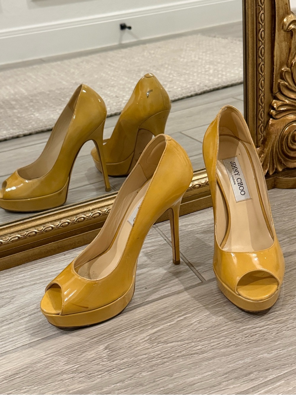 Jimmy Choo Yellow Patent Leather Peep-Toe Pumps